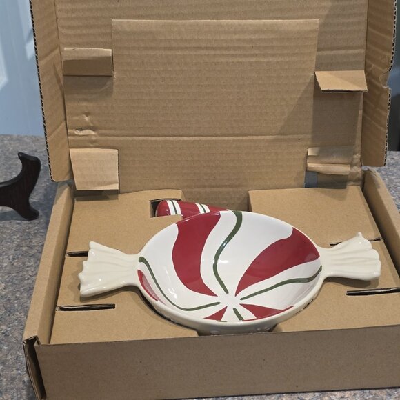 Longaberger Peppermint Twist Dip Bowl & Spreader Set‎ Christmas Candy Decor NIB - Picture 9 of 11